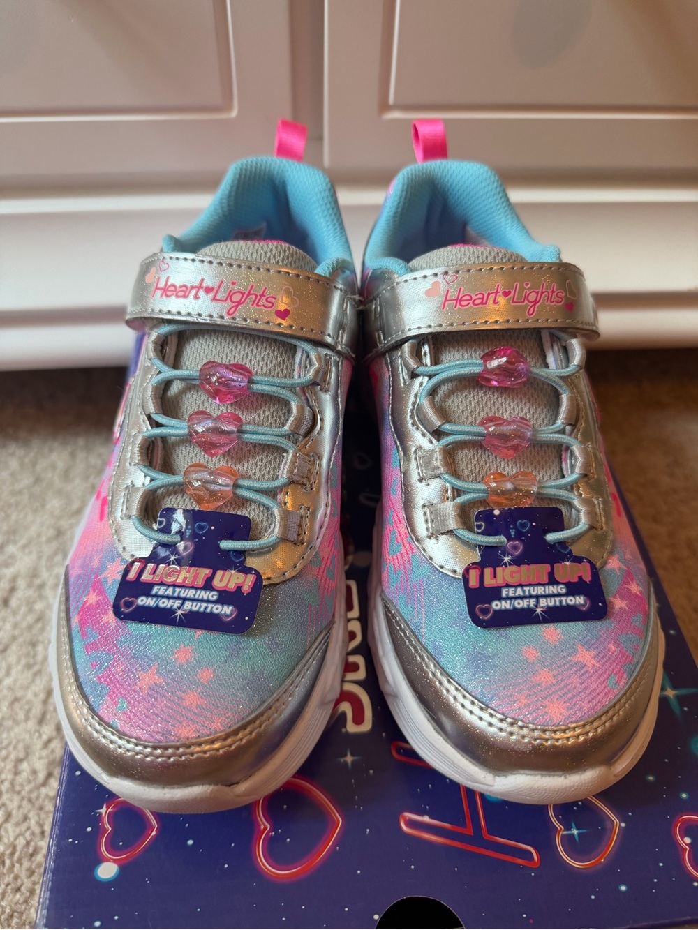 NWT Sketchers girls Heart Lights Heart Jewels size 1 pink blue sneakers shoes - Picture 6 of 9